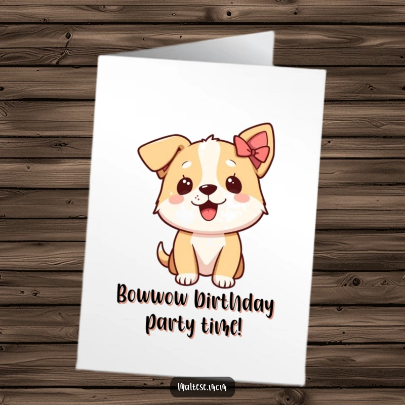 Funny Free Printable Birthday Card: An excited dog character with a tiny bow on its ear, ready to party.
