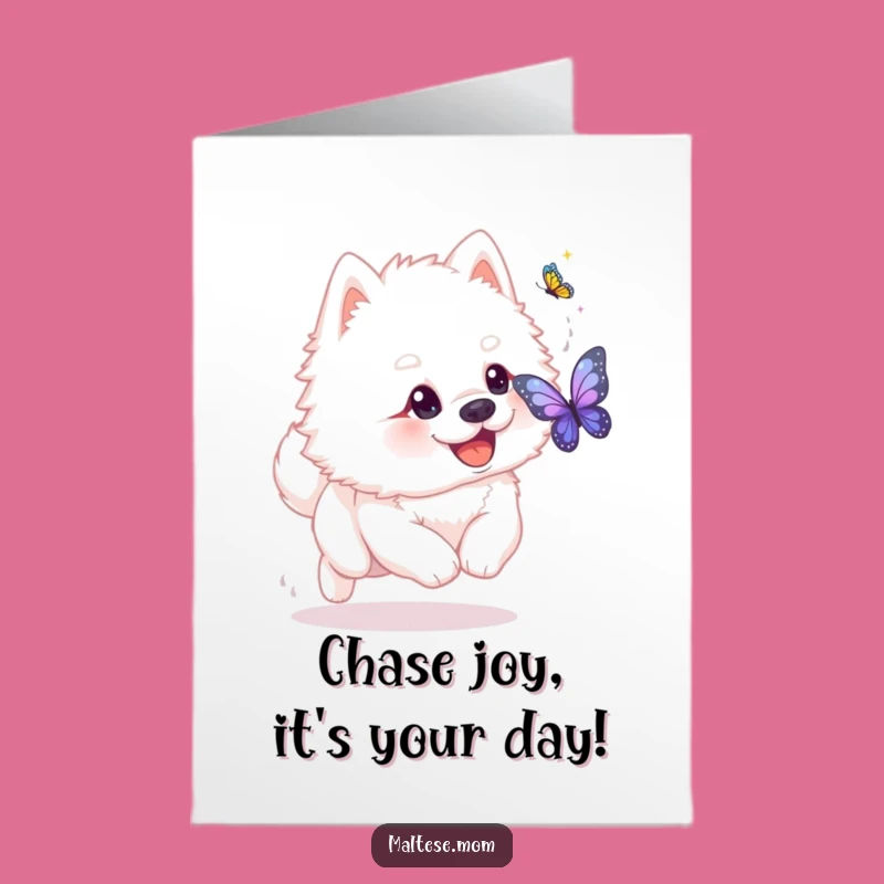 Free Printable Birthday Card: Fluffy Dog Butterfly Chase Design Downloadable Gift