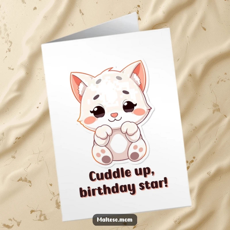 Free Printable Birthday Card: A cute, cuddly character with soft paws curled up, wishing a happy birthday.