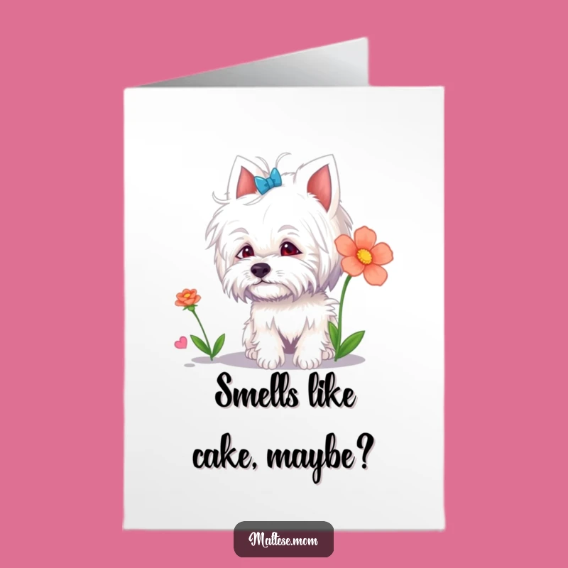 Free Printable Birthday Card: Curious Maltese Sniffing Flower - Downloadable Gift