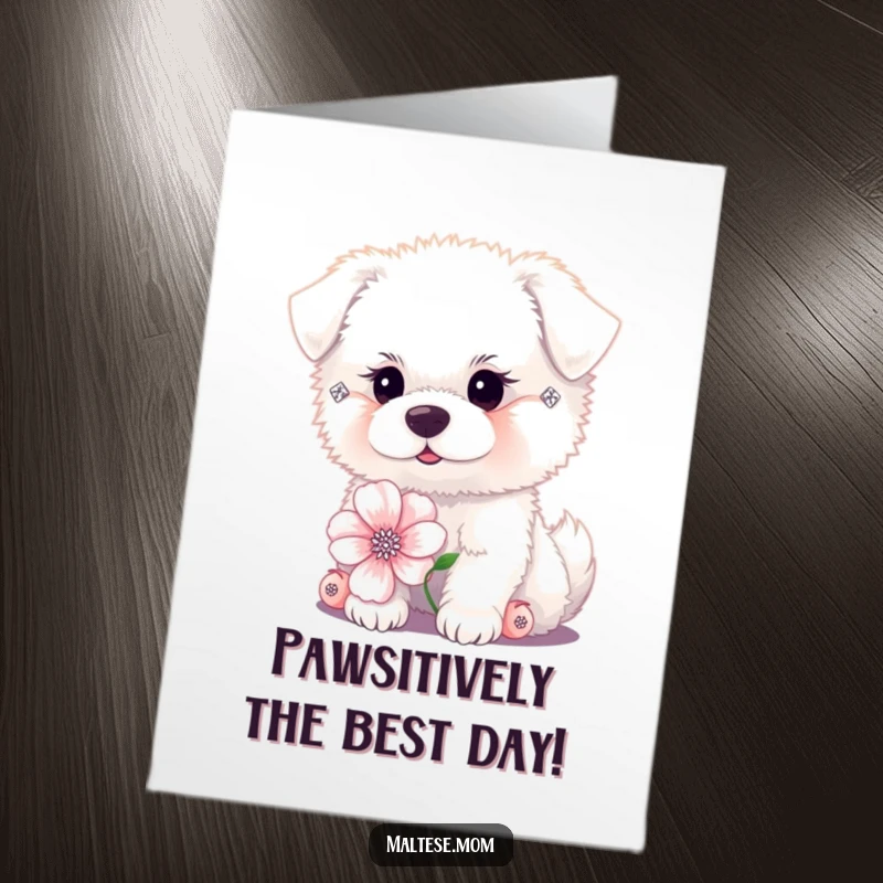 Funny free printable birthday card: a tiny fluffy white dog wears diamond earrings and delicately poses beside a lovely flower.