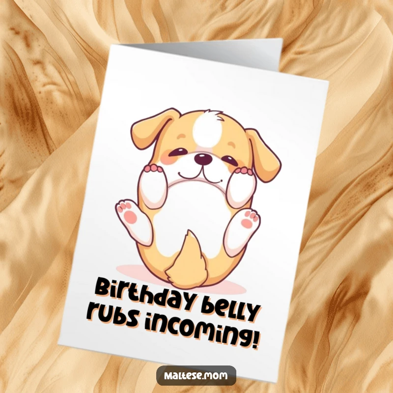 Funny Free Printable Birthday Card: A small dog happily rolling on its back with paws flailing in the air.
