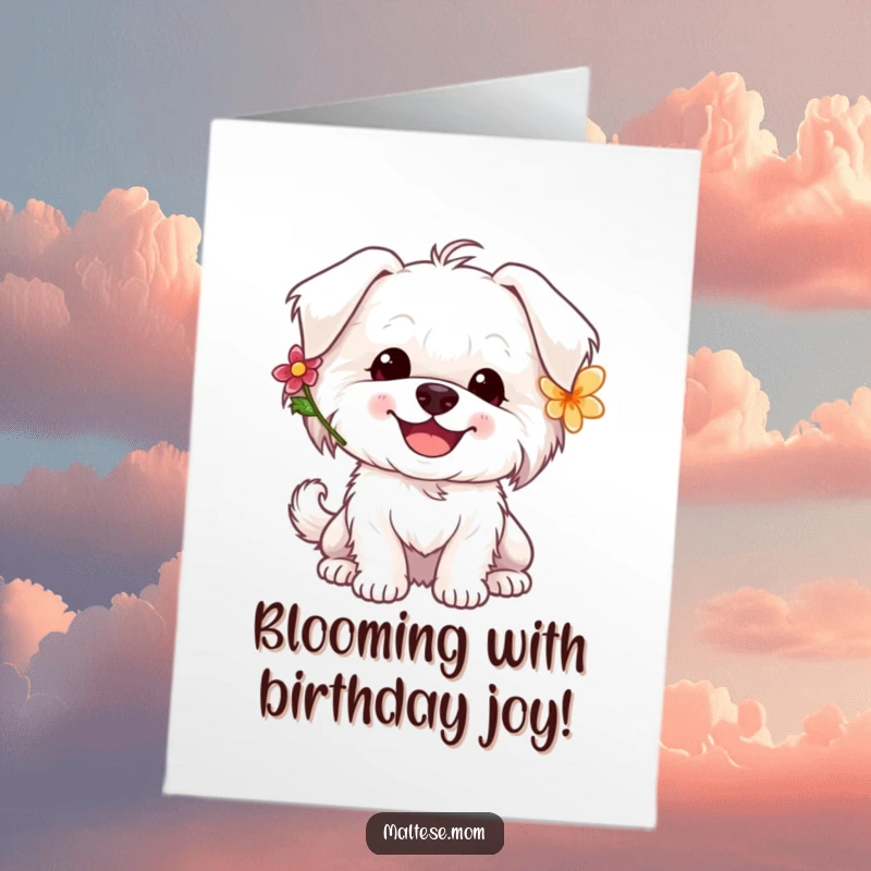 Funny Free Printable Birthday Card: A happy Maltese dog with a flower behind its ear, tail wagging enthusiastically, spreading birthday joy.