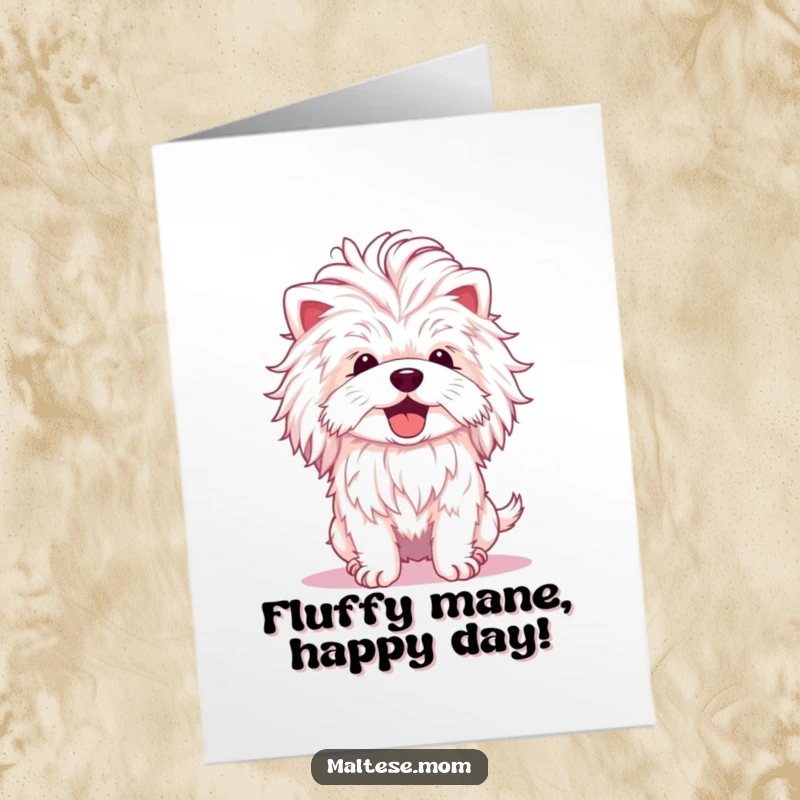 Funny free printable birthday card: A fluffy Maltese dog with a majestic mane, shaking its head with utter delight.