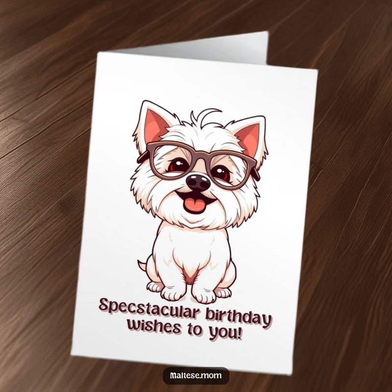 Funny Free Printable Birthday Card: A giggling Maltese dog wearing oversized glasses, striking a goofy, silly pose with pure amusement.