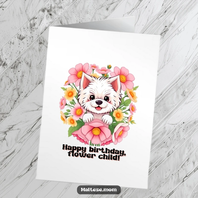 Funny Free Printable Birthday Card: Cute Maltese dog smiling, peeking out from behind a huge bouquet of colorful flowers.