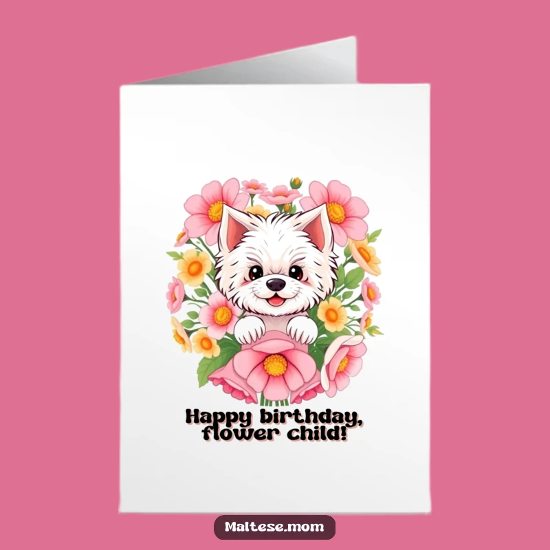 Free Printable Birthday Card: Maltese Peeking Flowers - Cute DIY Downloadable Gift
