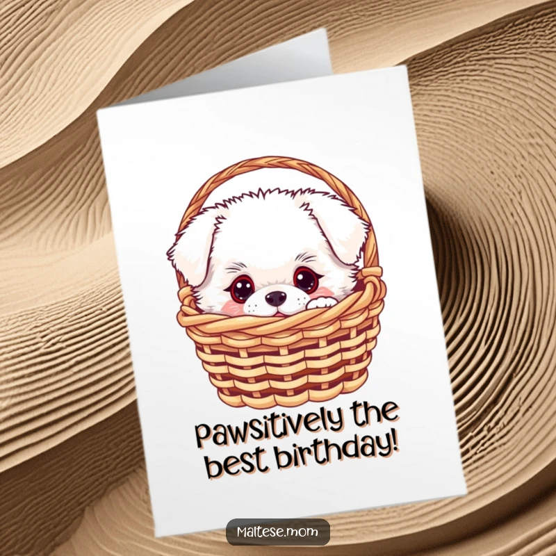 Funny Free Printable Birthday Card: White fluffy dog with curious eyes peeking from tiny basket, ready to deliver birthday laughs.