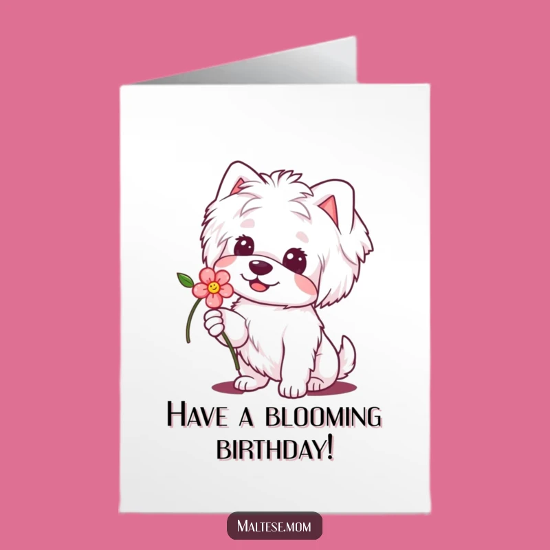 Sweet Free Printable Birthday Card: Kawaii Maltese Dog with Flower, Funny DIY Gift