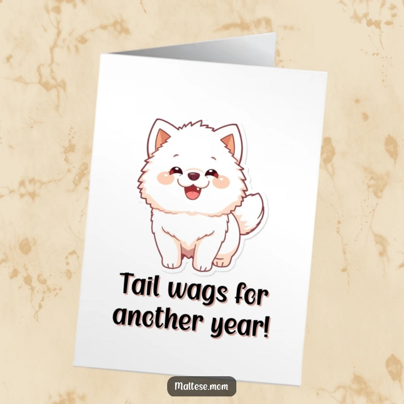 Funny Free Printable Birthday Card: Happy fluffy white dog excitedly wagging its tail, celebrating a special day.