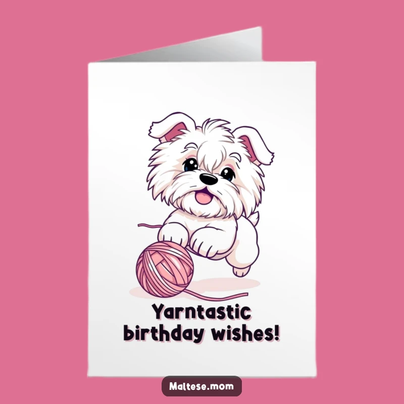Free Printable Funny Birthday Card: Maltese Dog Chasing Yarn - Hilarious Downloadable Gift