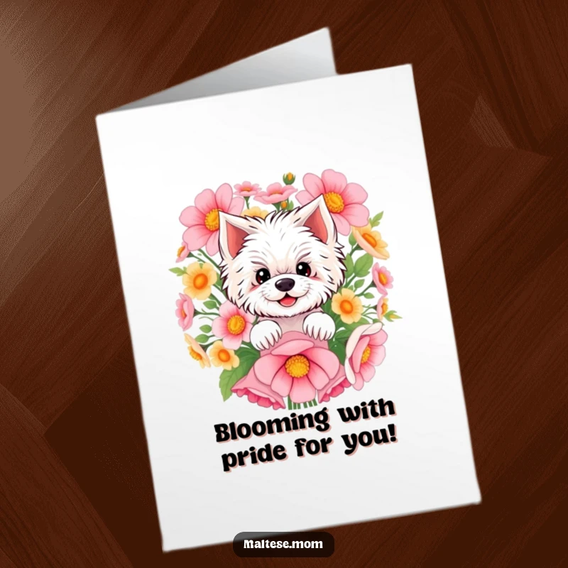 Funny Free Printable Congratulations Card: Smiling Maltese dog peeking from behind a large bunch of vibrant flowers, celebrating a win.