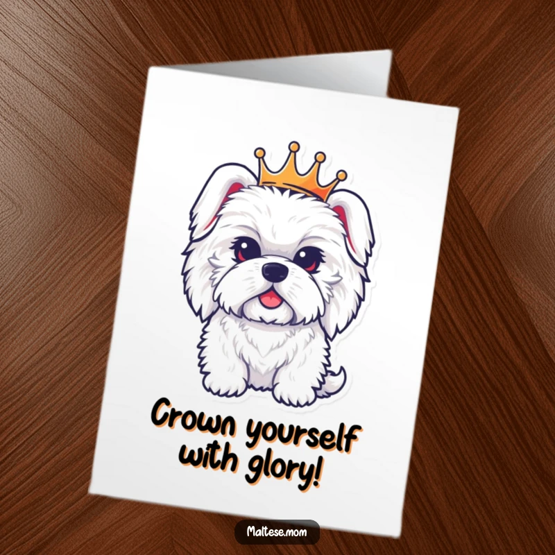 Funny free printable congratulations card featuring a fluffy Maltese dog in a small crown, exuding regal charm and pride.