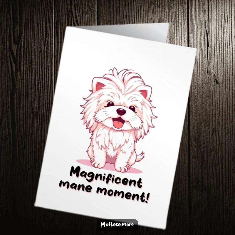 Funny free printable congratulations card: A fluffy Maltese dog with a luxurious mane, shaking its head in ecstatic celebration.