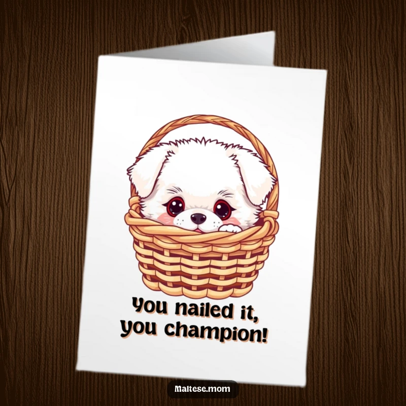 Funny Free Printable Congratulations Card: White fluffy dog peeking from small basket, offering cheerful congrats, perfect for any win.