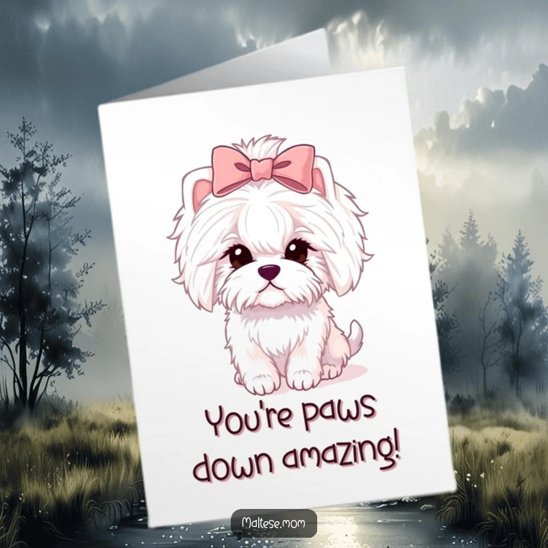Funny Free Printable Congratulations Card showing a fluffy Maltese dog with a stylish bow, celebrating achievements with elegance.