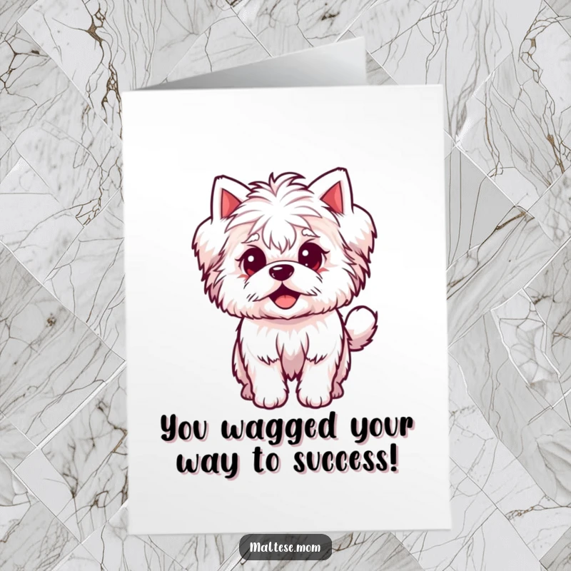 Funny Free Printable Congratulations Card: A fluffy Maltese dog happily wagging its tail, celebrating with pure excitement.