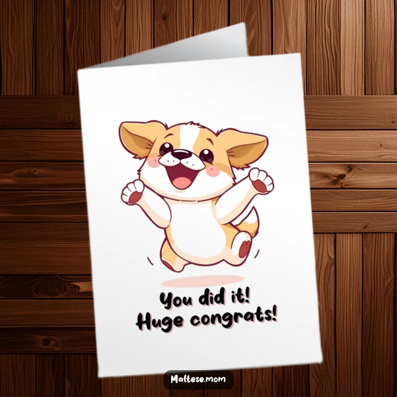 Funny Free Printable Congrats Card: A dog jumping for joy, celebrating success with exuberant energy.