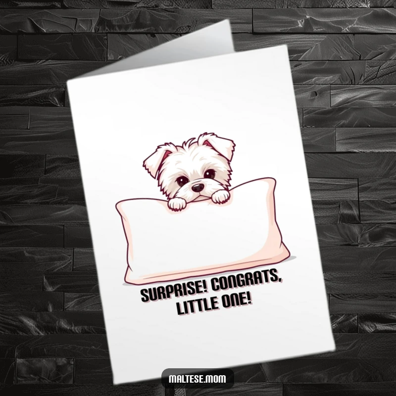 Funny free printable congratulations card featuring a curious Maltese puppy peeking from behind a soft, oversized cushion.