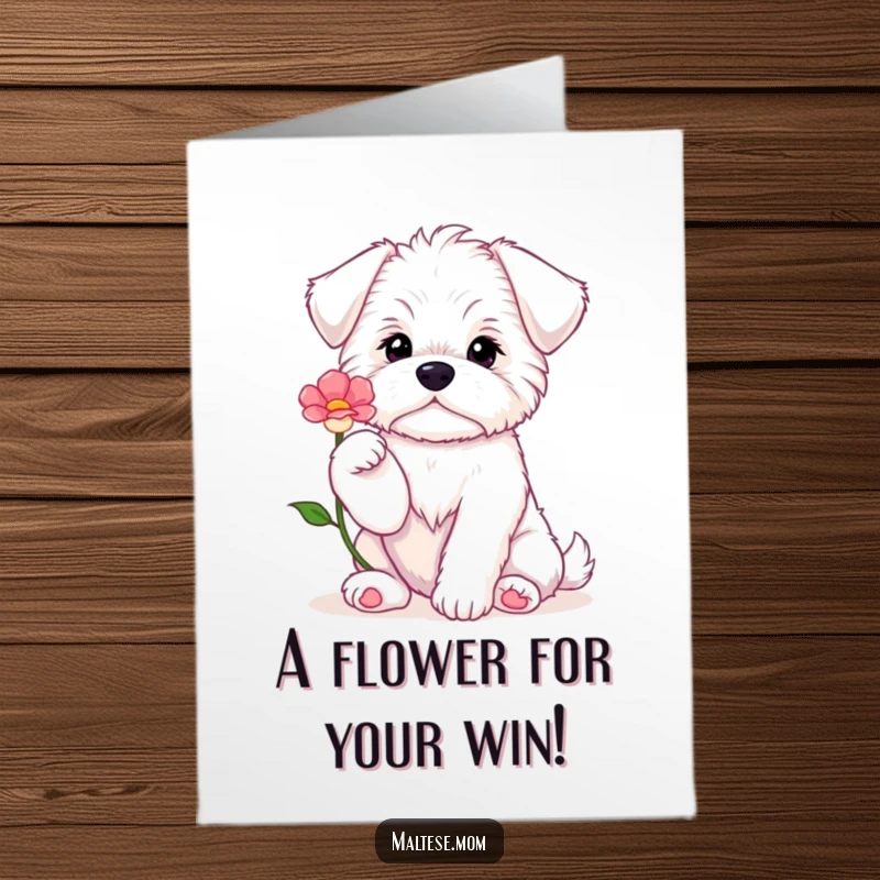 Funny free printable congratulations card showing a polite Maltese puppy offering a flower with its paws.