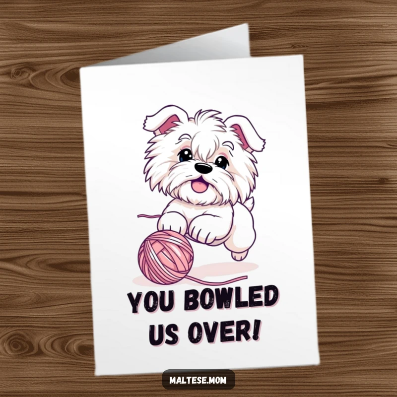 Funny Free Printable Congratulations Card showing a cute Maltese dog playfully chasing a rolling yarn ball, full of energetic excitement.