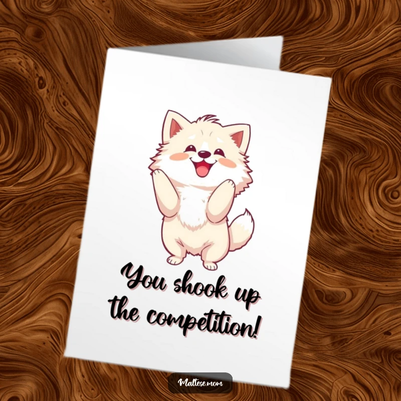 Funny Free Printable Congratulations Card: Dog shaking its fluffy head with a joyful and energetic motion.