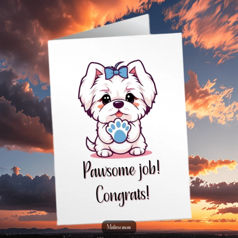 Funny Free Printable Maltese Congratulations Card featuring a dog character offering its paw with a friendly, charming expression.