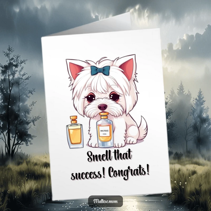 Funny Free Printable Maltese Congratulations Card featuring a dog with a focused expression, delicately sniffing a perfume bottle.
