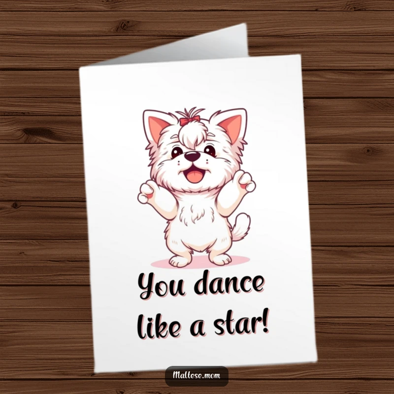 Funny free printable congratulations card: A delighted Maltese dog dancing with paws in the air, celebrating a big win.