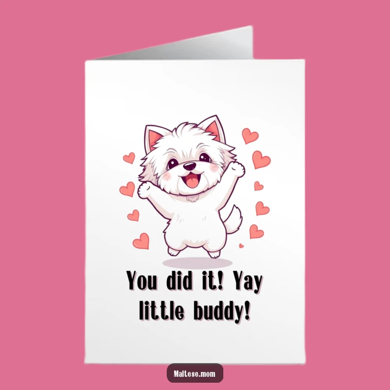 Free Printable Congrats Card: Kawaii Maltese Dog Celebration Jumping for Joy Downloadable