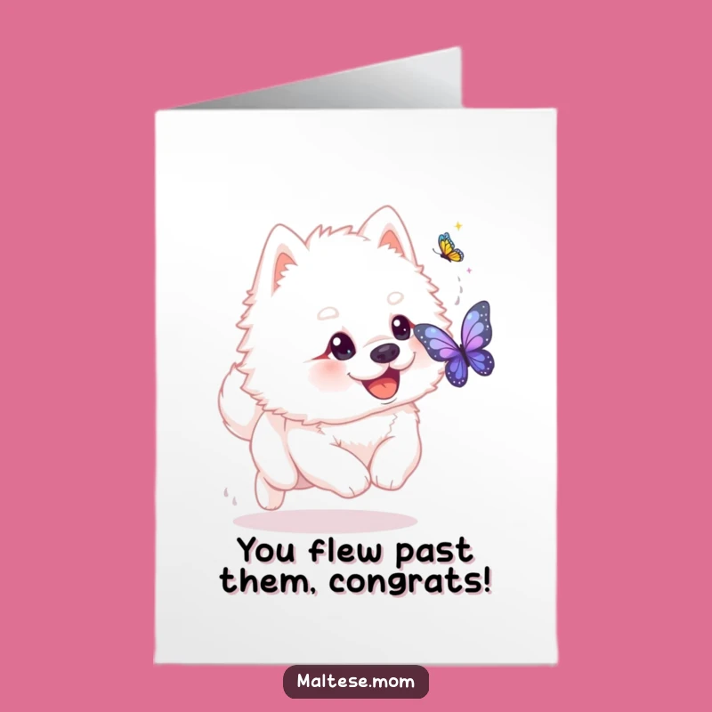 Free Printable Congrats Card: Fluffy Dog Butterfly Chase Design Downloadable Gift