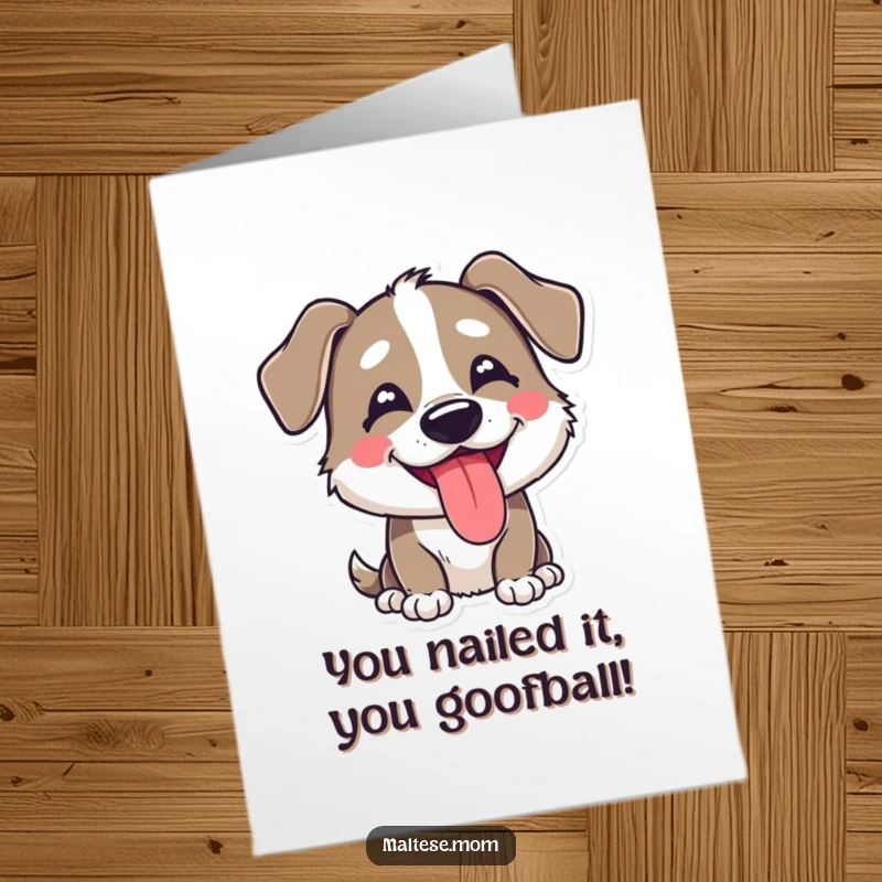 Funny Free Printable Congratulations Card: A dog with a goofy expression and tongue peeking out, full of joy.