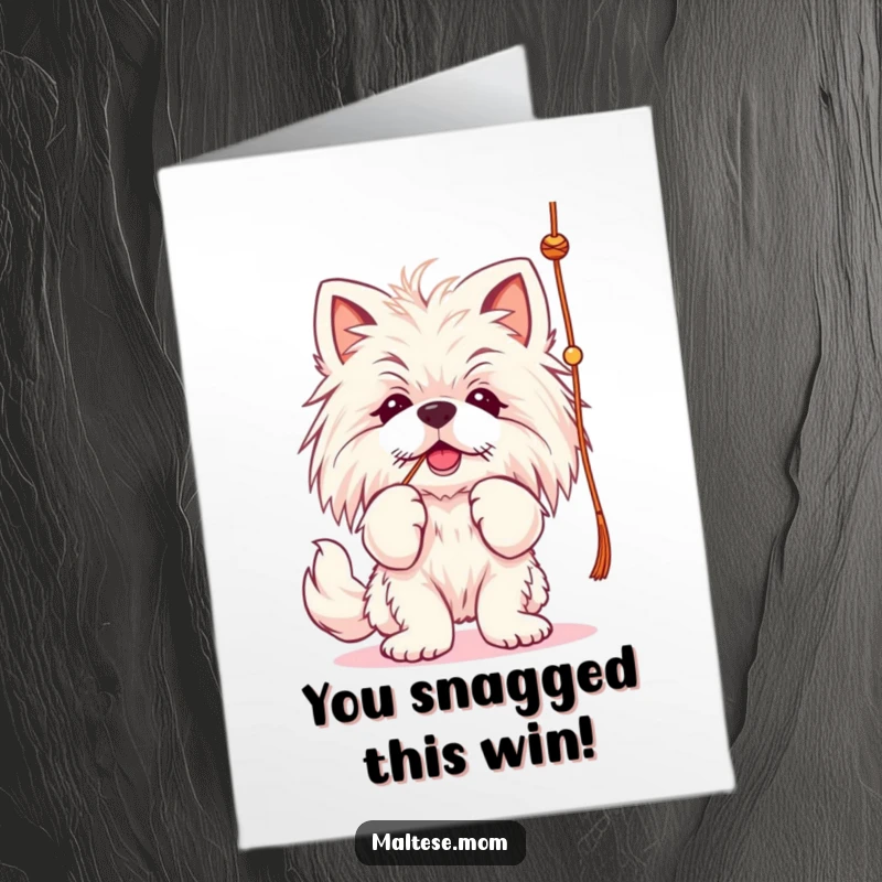 Funny Free Printable Congratulations Card: A Maltese dog playfully batting at a string, celebrating your success with adorable antics.