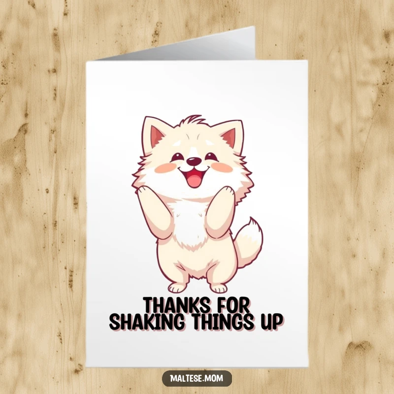 Funny Free Printable Thank You Card: Dog shaking its fluffy head with a joyful, energetic motion of gratitude.