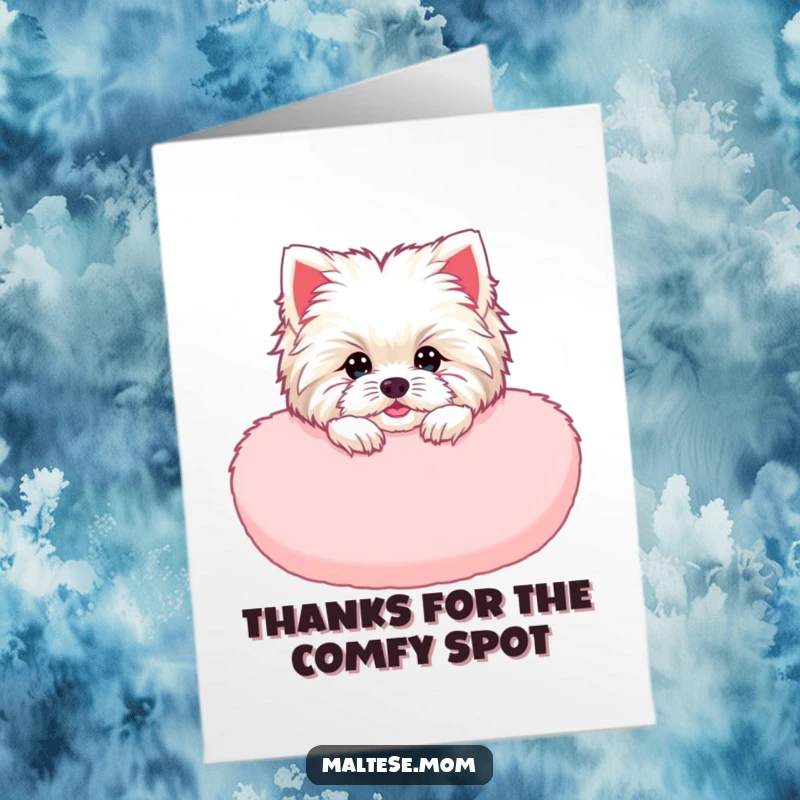 Funny Free Printable thank you card of a Maltese lady animal curiously peeking out from a fluffy pink cushion, a cute downloadable.