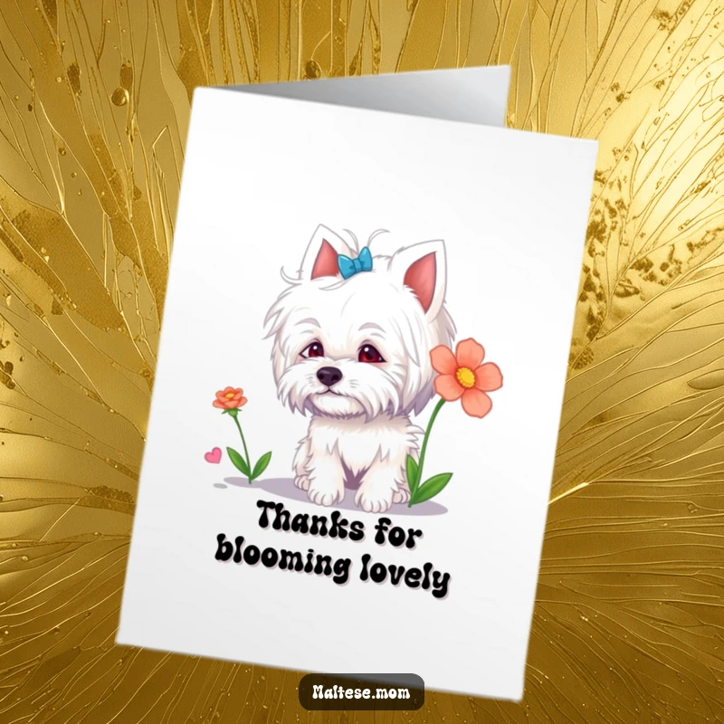 Funny Free Printable thank you card showcasing a Maltese lady animal curiously investigating a colorful flower, a charming downloadable.