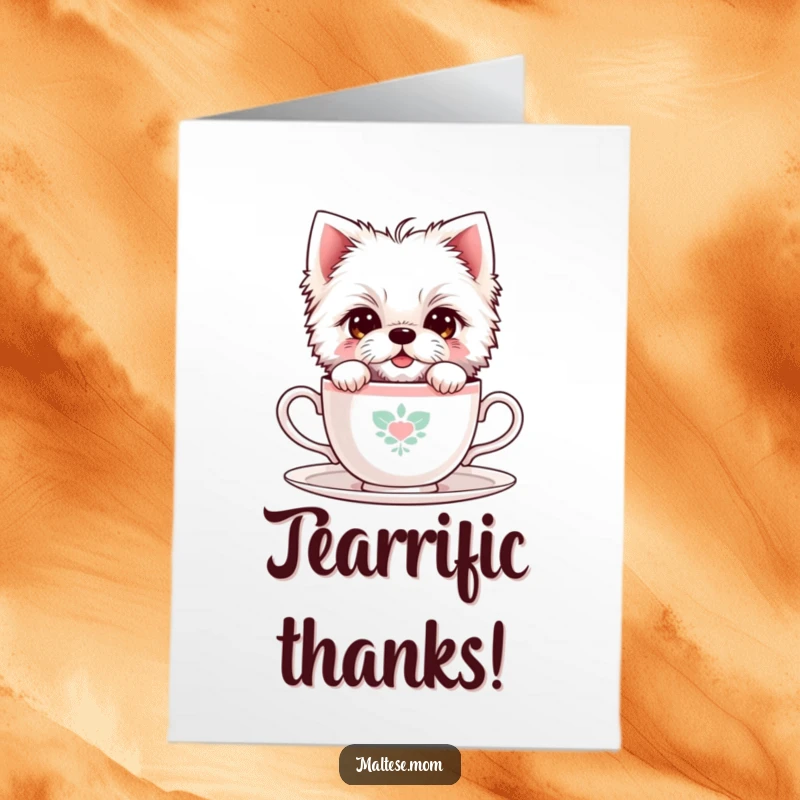 Funny free printable thank you card: A shy Maltese dog peeking over the rim of a tiny teacup with a bashful smile.