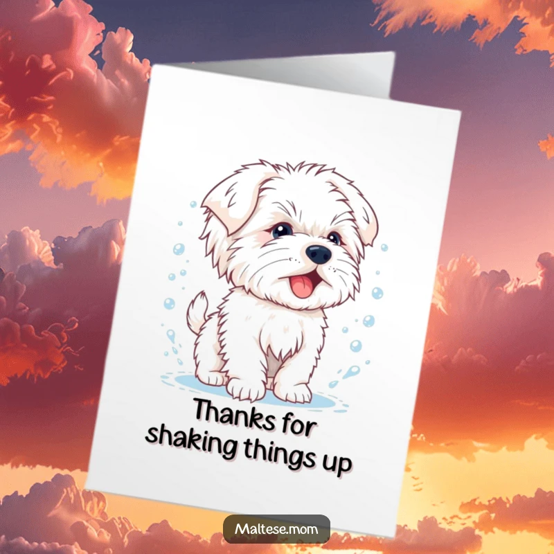 Funny Free Printable Thank You Card: A Maltese puppy gleefully shakes off water, creating a spectacular splash.