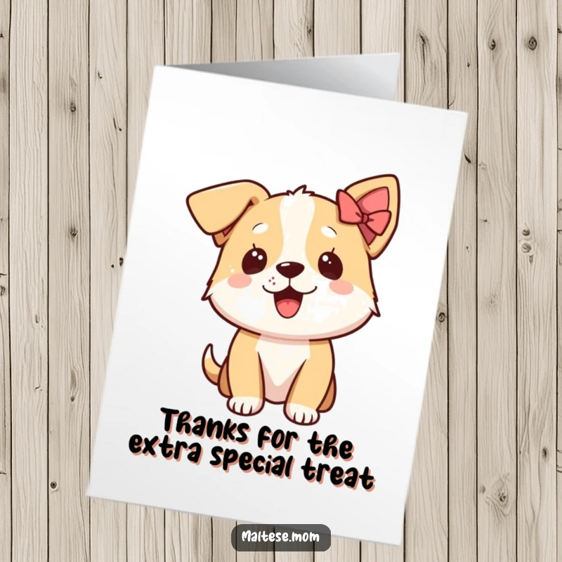 Funny Free Printable Thank You Card: An excited dog with a tiny bow on its ear, looking grateful.