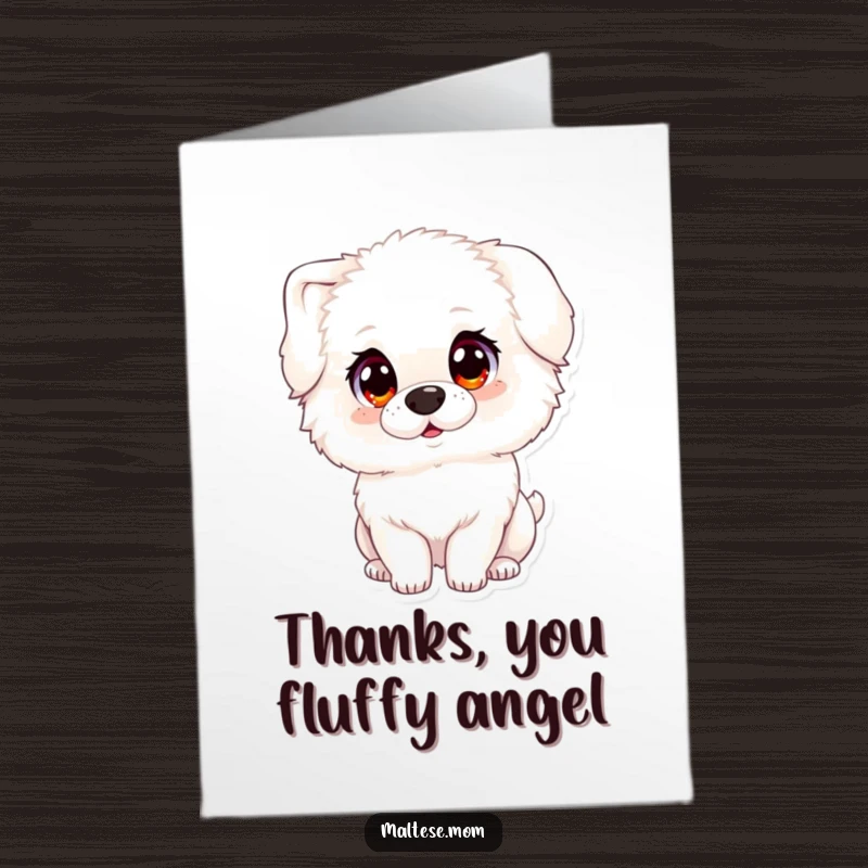 Funny Free Printable Thank You Card: Fluffy white dog tilting its head with big, innocent eyes, looking sweetly thankful.