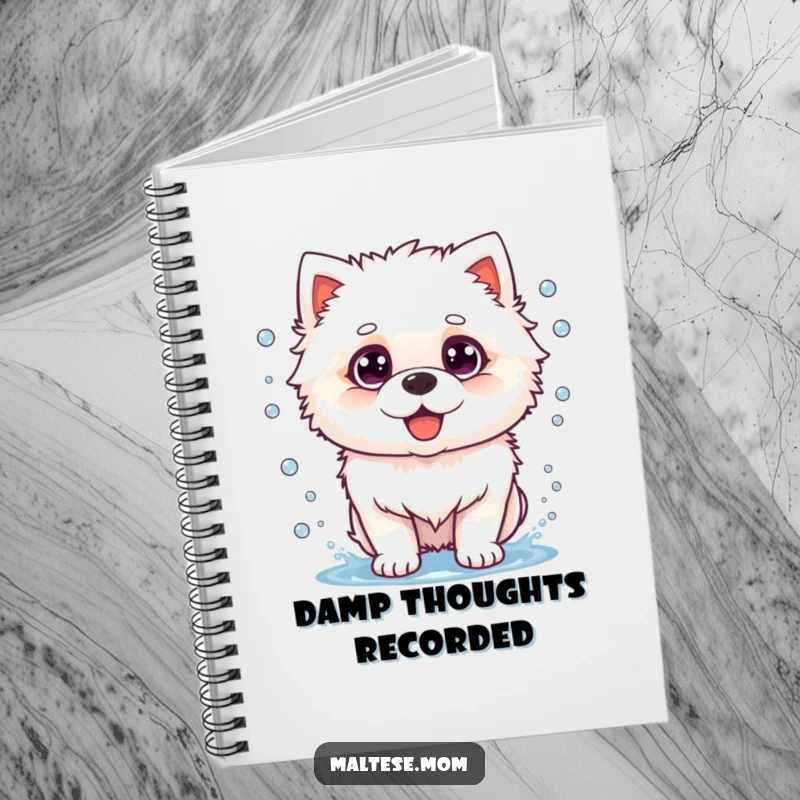Funny dog notebook featuring a fluffy white dog shaking off water, droplets flying, great for note-taking with a smile.