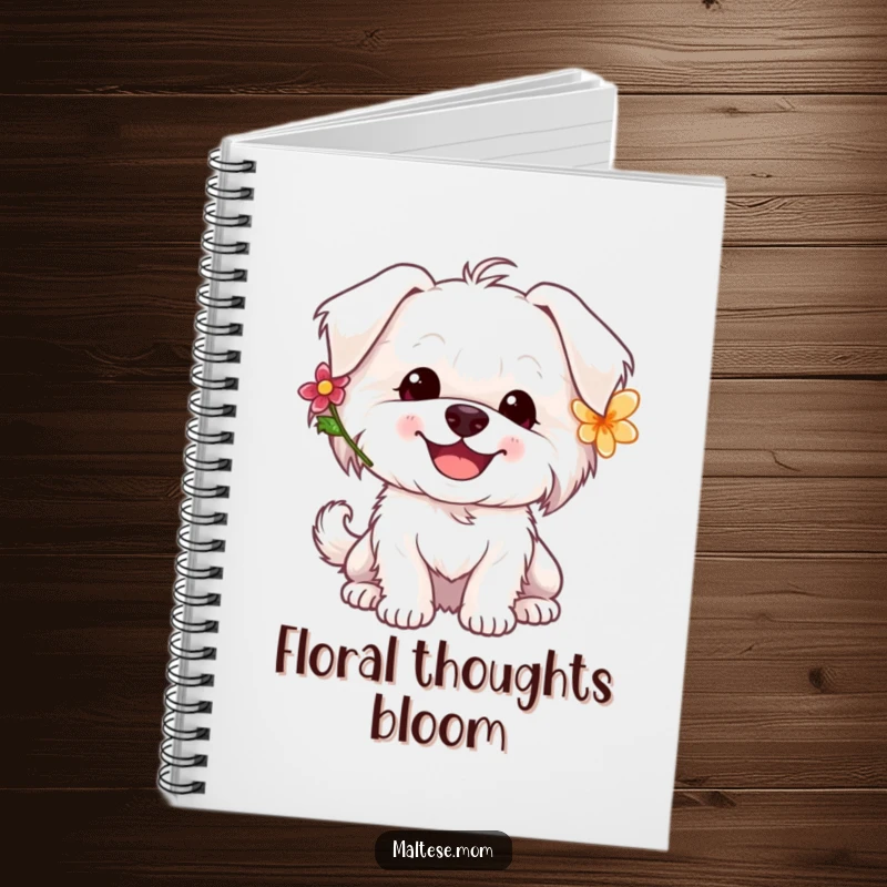 Funny Maltese dog notebook with a happy white dog wearing a flower, its tail wagging with delight.