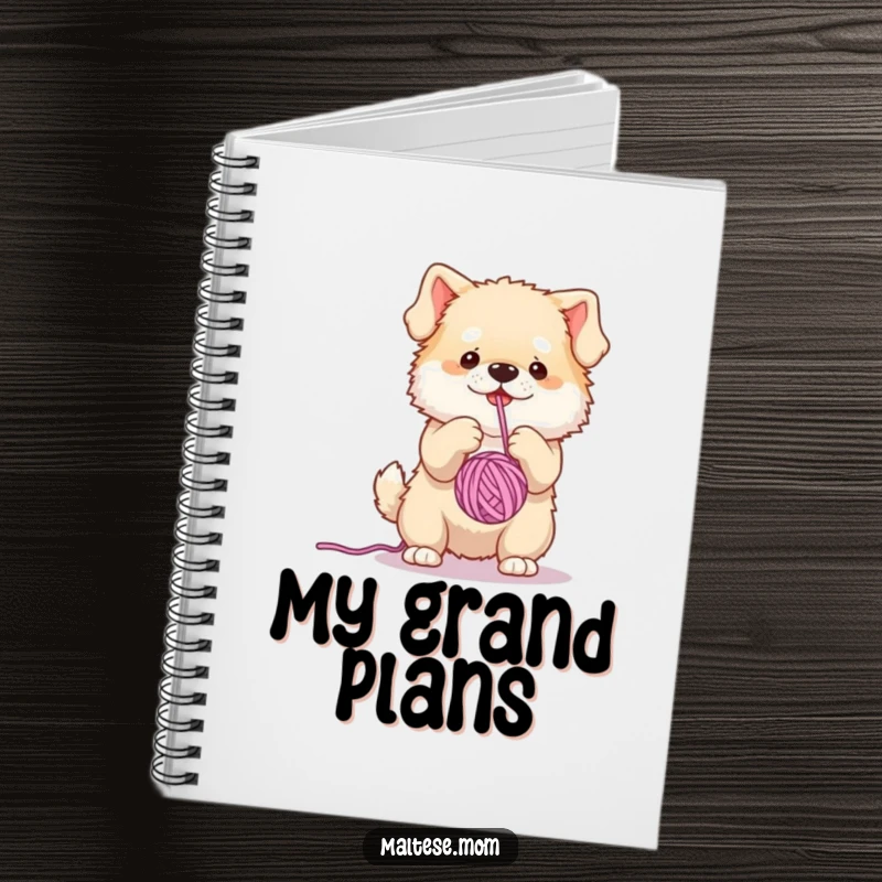 Funny notebook with a fluffy dog character playfully batting at a yarn ball, perfect for capturing ideas and doodles.