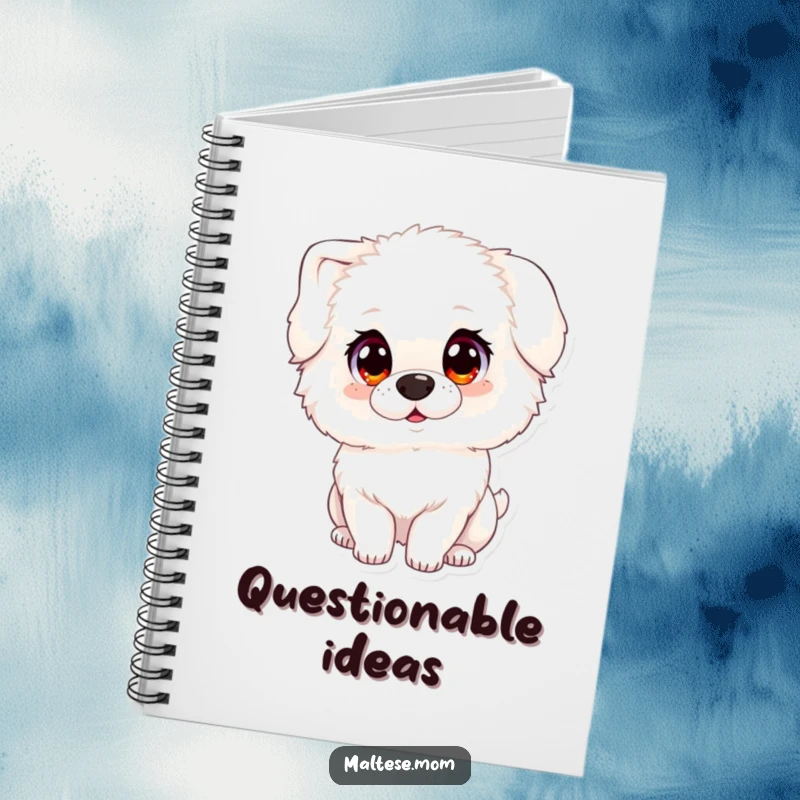 Funny notebook with a fluffy white dog character with large, innocent eyes, tilting its head, perfect for jotting notes.