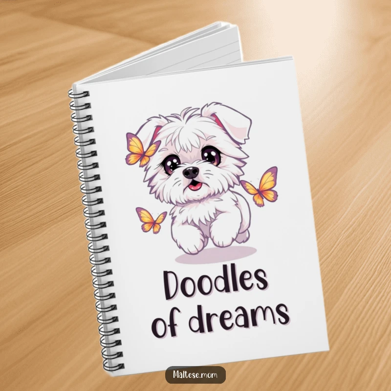 Funny Kawaii Maltese dog with sparkling eyes, chasing a butterfly, a humorous notebook for playful thoughts.