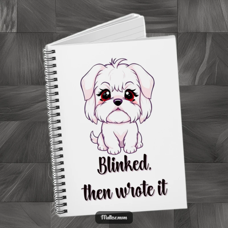 Funny notebook with a Maltese dog character giving a sweet, innocent blink, perfect for journaling and note-taking.
