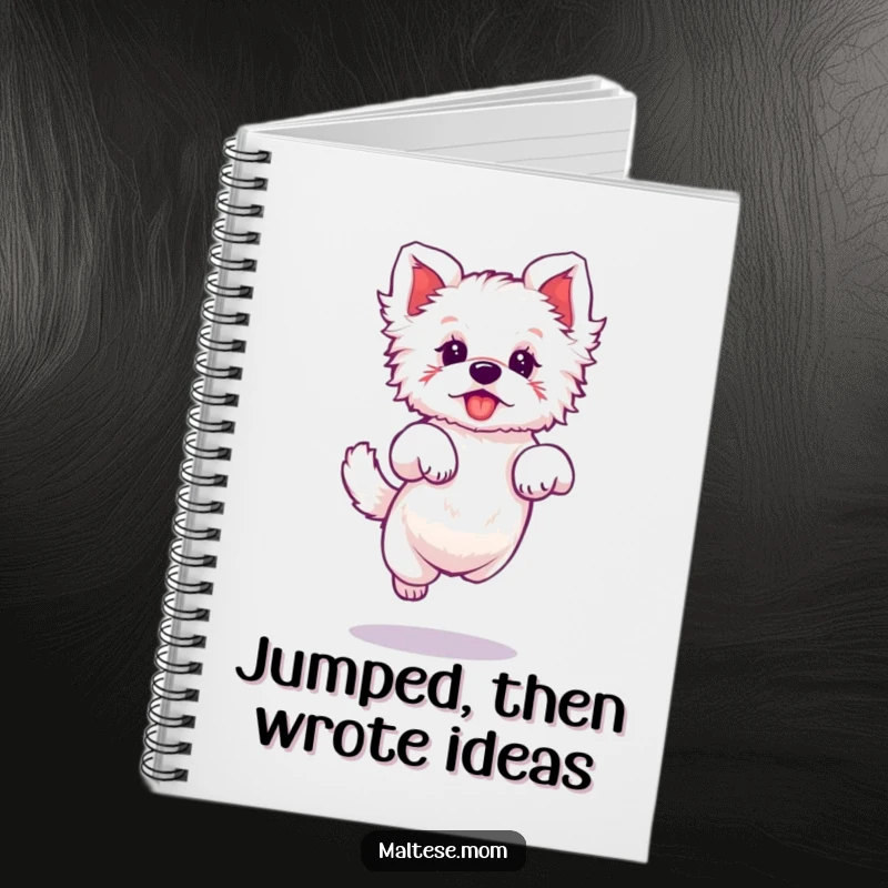 Funny notebook with a Maltese dog character doing a tiny, elegant jump, perfect for playful note-taking.