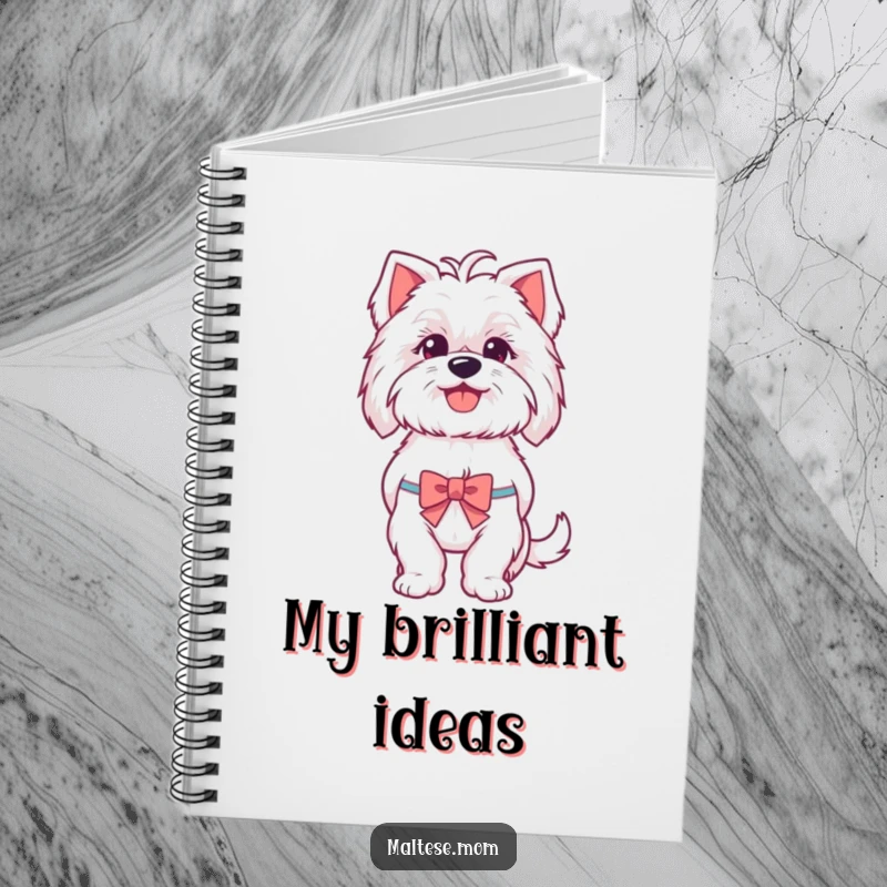 Funny Maltese notebook with a cover illustration of a happy, panting Maltese dog wearing a tiny bow, inspiring creativity and joy.