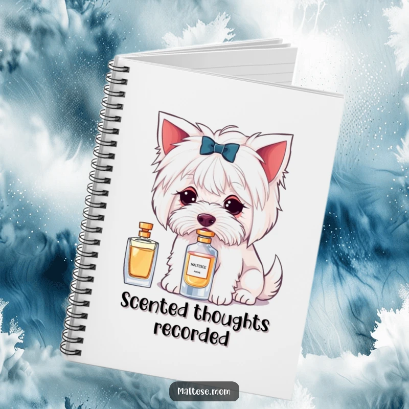 Funny notebook with a Maltese dog character delicately sniffing a perfume bottle, perfect for stylish note-taking.