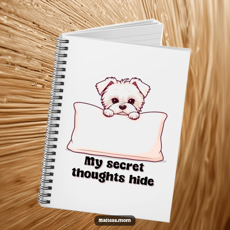 Funny Maltese puppy peeking from behind a large, soft cushion, on a notebook cover for playful note-taking.